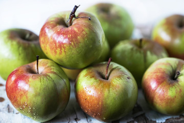red-yellow apples in water drops close-up on a light background