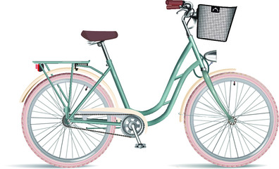 Vintage ladies bicycle with wicker basket. Vector illustration. 