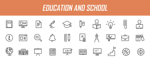 Fototapeta na wymiar Set of linear education icons. School icons in simple design. Vector illustration