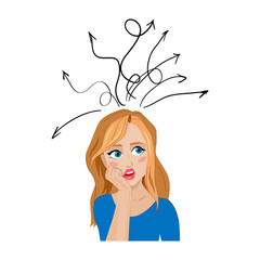 Thinking woman with arrows above her head. touch face with hand. isolated on white background.