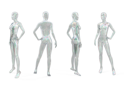 Female transparent glass or plastic mannequin. Standing female invisible figure. Woman shaped soap bubble. Side, front, back view. Cyberpunk style. 3d illustration isolated on a white.