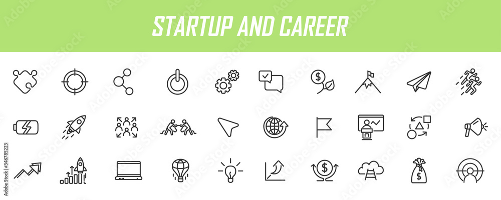 Poster set of linear startup icons. career icons in simple design. vector illustration