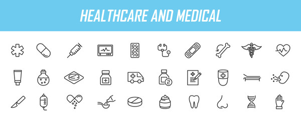 Fototapeta na wymiar Set of linear medical icons. Health icons in simple design. Vector illustration