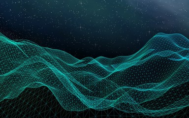 Abstract landscape on a dark background. Cyberspace grid. hi tech network. Outer space. Starry outer space texture. 3D illustration