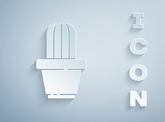 Paper cut Cactus and succulent in pot icon isolated on grey background. Plant growing in a pot. Potted plant sign. Paper art style. Vector Illustration