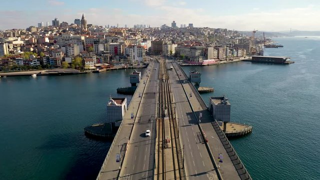 Galata Tower Aerial View with drone from Istanbul Eminonu at Covid-19 Pandemic Curfew.