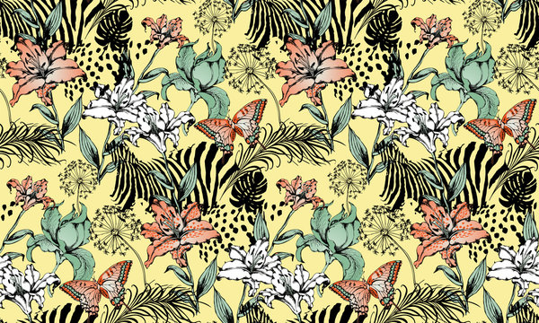 Pattern of zebra and leopard. Suitable for fabric, wrapping paper and the like. Vector illustration