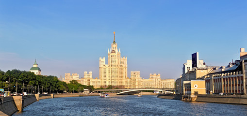 Panoramic view of Moscow on a high-rise building on Kotelnicheskaya Embankment and the Moscow River. Stalin style skyscraper in Moscow at sunset