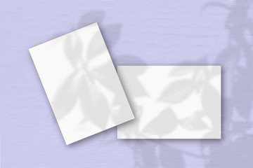 2 sheets of white textured paper against a lilac wall. Mockup overlay with the plant shadows. Natural light casts shadows from an exotic plant. Flat lay, top view. Horizontal orientation