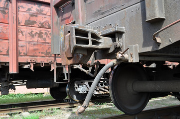 Closeup of railroad car coupling mechanism on display. Transport