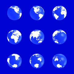 Earth globe on a blue background and white continents. Icons set