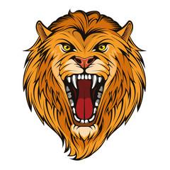 Head Angry, Roar Lion. Tattoo King Lion. Crown King. Predator animal. Lion Mascot Color Logo. Animal Tattoo. Angry animal sports mascot. Wild big cat. Natural. Logo animal for tattoo or T-shirt print