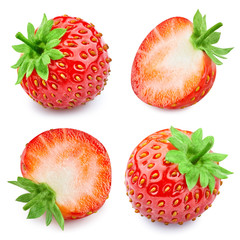 Half strawberry fruit with leaf isolated. Strawberry collection with clipping path. Full depth of field