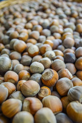 Organic hazelnuts close up background