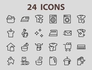  Simple set of washing related vector line Icons. Contains icons such as washing machine, powder, laundry, dirty t-shirt and much more. On a white background, editable stroke. 48x48 pixels perfect