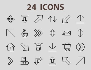 Set of line arrows, directions, arrows, contains icons such as pause, continuation, directly, to the right, Editable stroke. 480x480, On a white background, Vector illustration