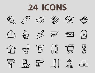 Set of construction icons, simple vector lines, contains the following icons: builder, roller, hammer with wrench, toilet bowl and much more. Editable stroke. 48x48 pixels perfect, white background