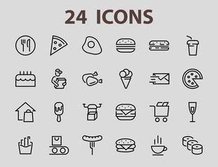   A simple set of fast food icons related to the vector line. Contains icons such as pizza, burger, sushi, bike, scrambled eggs and more. EDITABLE stroke. 480x480 pixels perfect, EPS 10