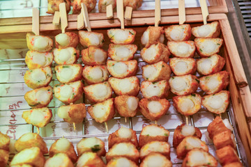 Busan city, South Korea - NOV 02, 2019: Fish cakes are sold at the famous fish cake shop in Haeundae.