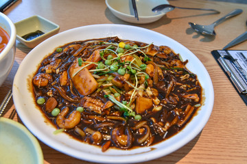 Korean food Seafood jajangmyeon, Black Soybean Sauce.