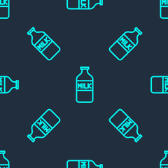 Green line Closed glass bottle with milk icon isolated seamless pattern on blue background. Vector Illustration