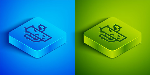 Isometric line Cactus icon isolated on blue and green background. Square button. Vector Illustration