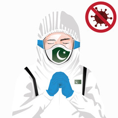 Covid-19 or Coronavirus concept. Pakistani medical staff wearing mask in protective clothing and praying for against Covid-19 virus outbreak in Pakistan. Pakistani man and Pakistan flag. Pandemic
