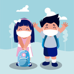 Girl and boy kid cartoon with masks and school bags at park vector design