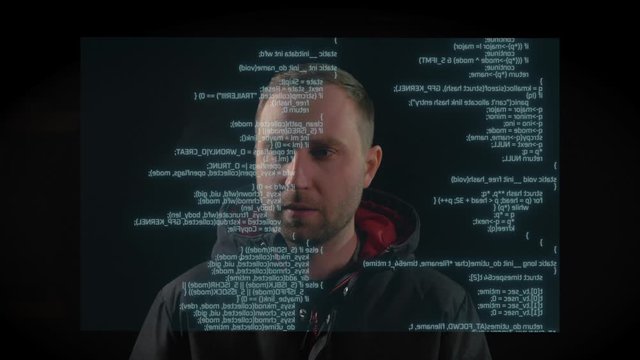 White man is looking on the code, script, text on the screen in front of him. Programming, cyber, digital concept. 