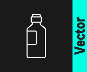 White line Bottle of water icon isolated on black background. Soda aqua drink sign. Vector Illustration