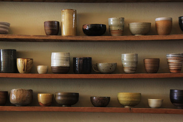 Empty bowl on rustic wood, Japanese handmade ceramic bowl, ceramic texture