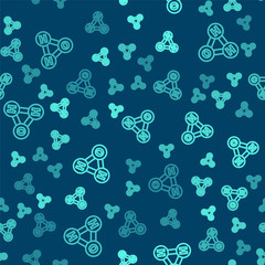 Green line Chemical formula for water drops H2O shaped icon isolated seamless pattern on blue background. Vector Illustration