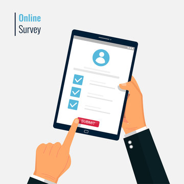 Survey Form Online Vector Illustration. Hand Holding And Fill Questionnaire On Tablet Screen. Quiz Form Idea, Interview Assessment, Passed Questionnaire, Isolated On Color Background.