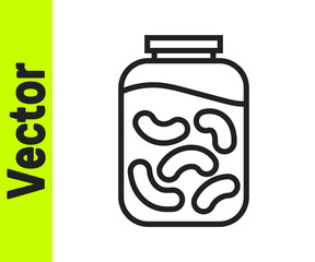 Black line Pickled cucumbers in a jar icon isolated on white background. Vector Illustration