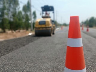 Red rubber cones installed to prevent danger in construction (blur picture)