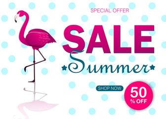 Summer sale banner modern design with flamingo and tropical leaves background