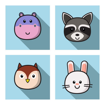 Set Of Cute Cartoon Animals Face Isolated . Vector Flat Design Illustration from Front. Suitable for Web site page, Mobile app and Social Media.