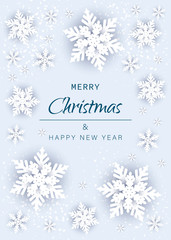 Merry christmas and happy new year snowflakes on blue background. Greeting card, invitation, flyer vector. Vertical view