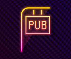 Glowing neon line Street signboard with inscription Pub icon isolated on black background. Suitable for advertisements bar, cafe, restaurant. Vector Illustration