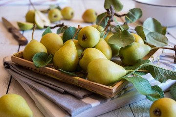 Fresh organic pears with leaves on white wooden background