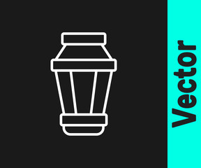White line Garden light lamp icon isolated on black background. Solar powered lamp. Lantern. Street lamp. Vector Illustration