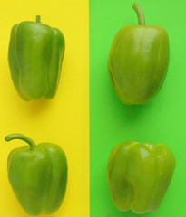 seasonal vegetables, green peppers laid out on a yellow and green background. Vitamins, healthy nutrition, ingredients, cooking. 4 green peppers on a bright background.