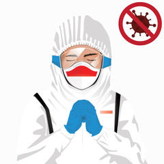 Covid-19 or Coronavirus concept. Indonesian medical staff wearing mask in protective clothing and praying for against Covid-19 virus outbreak in Indonesia. Indonesian man and Indonesia flag. Pandemic