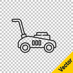 Black line Lawn mower icon isolated on transparent background. Lawn mower cutting grass. Vector Illustration