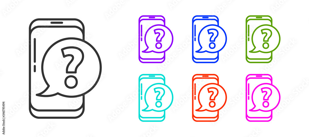 Poster black line mobile phone with question icon isolated on white background. set icons colorful. vector 
