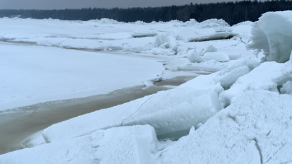Huge ridge of ice hummocks after a powerful winter storm.