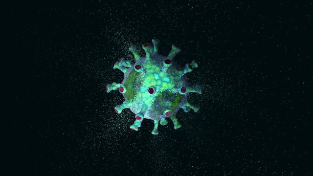 a single virus disappears, scattering into thousands of tiny particles. 3D animation