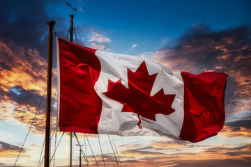 Canadian flag on a boat's mast in Halifax - obrazy, fototapety, plakaty