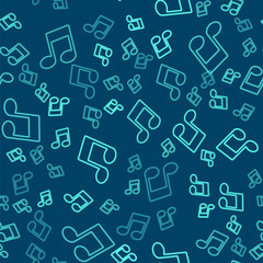 Fototapeta na wymiar Green line Music note, tone icon isolated seamless pattern on blue background. Vector Illustration