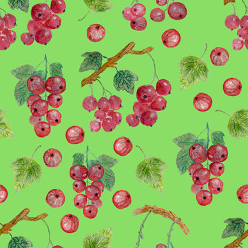 Seamless pattern of red currants . Berries, clusters, leaves. A site about fabrics, textiles, wallpaper, gardening,  fruits. Watercolor illustration.